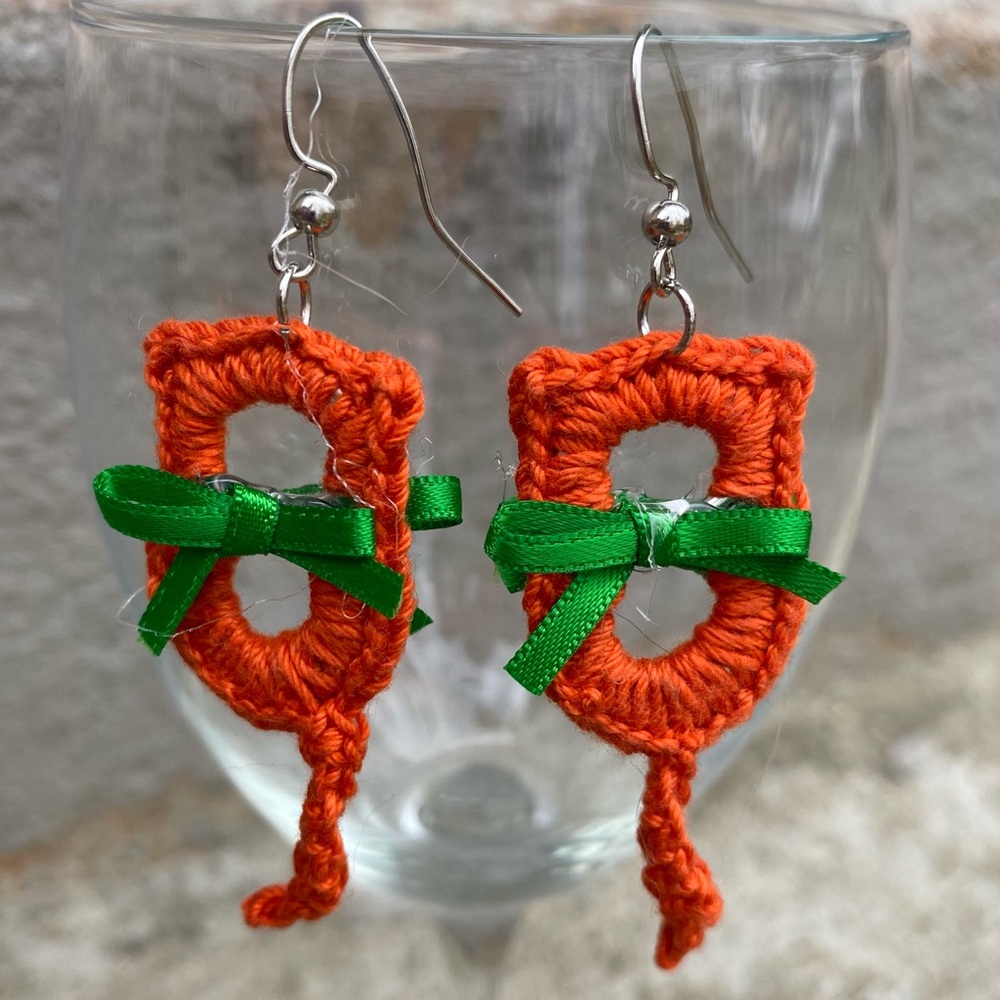 Orange Crochet Cat Earrings with Green Bows